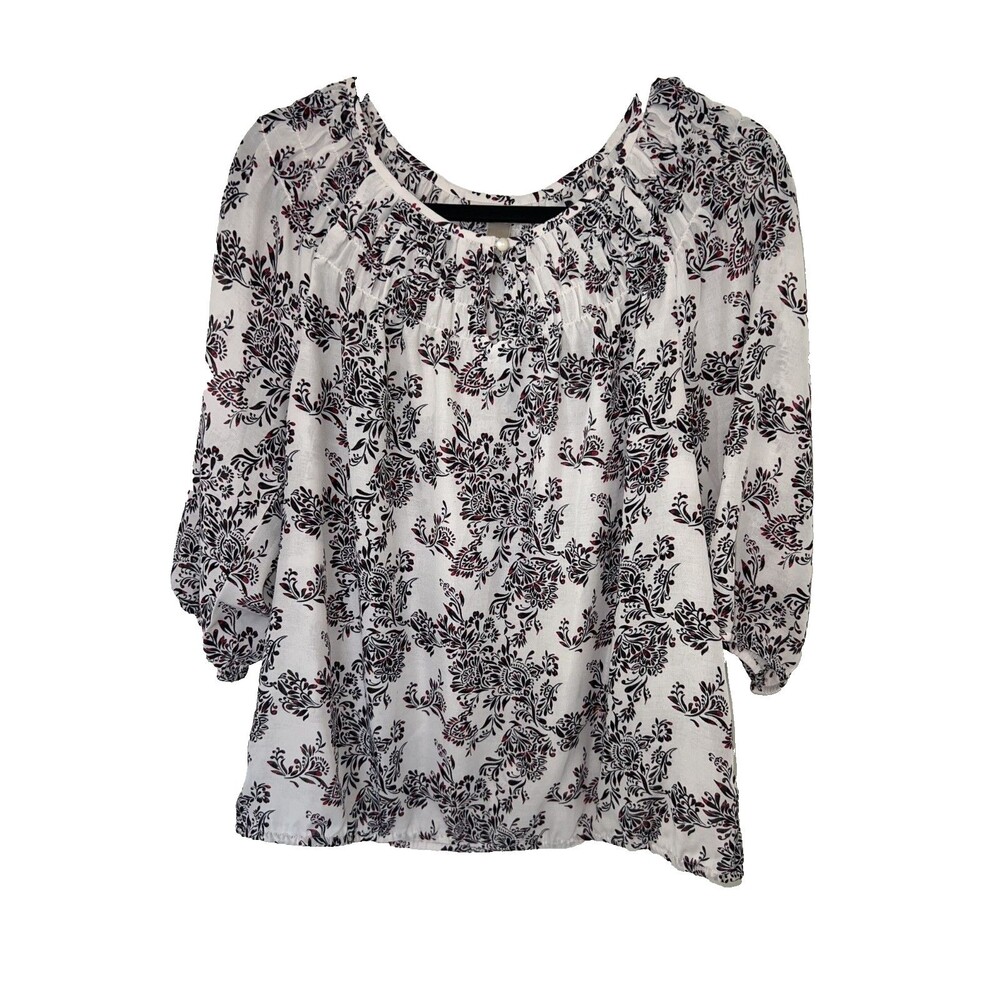 Loft Petites Women's Sz LP Red Black Floral Top Keyhole 3/4 Sleeve Casual Career